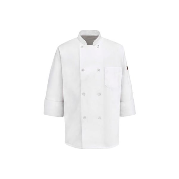 Chef Designs 8 Button-Front Chef Coat, Thermometer Pocket, Pearl Buttons, White, Poly/Cotton, XL